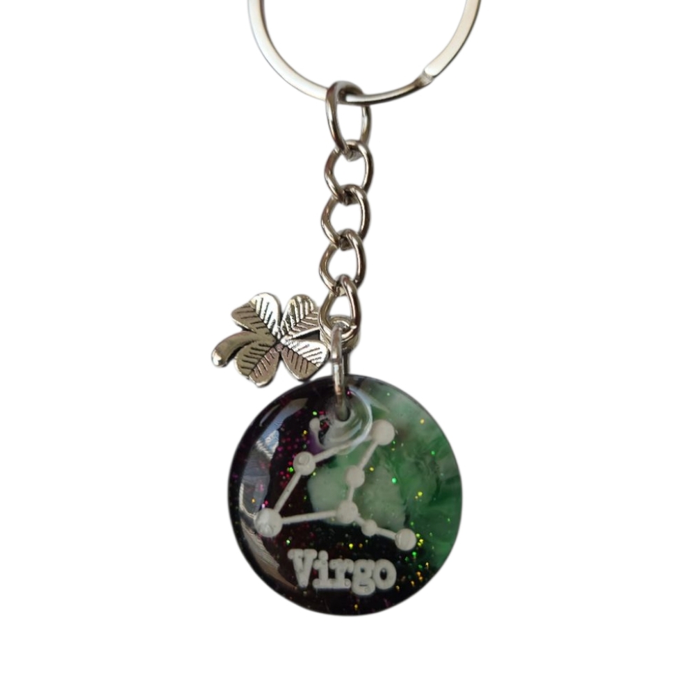 Handmade Acrylic‎ Horoscope Virgo Zodiac Keychain with Clover Charm Key Holder